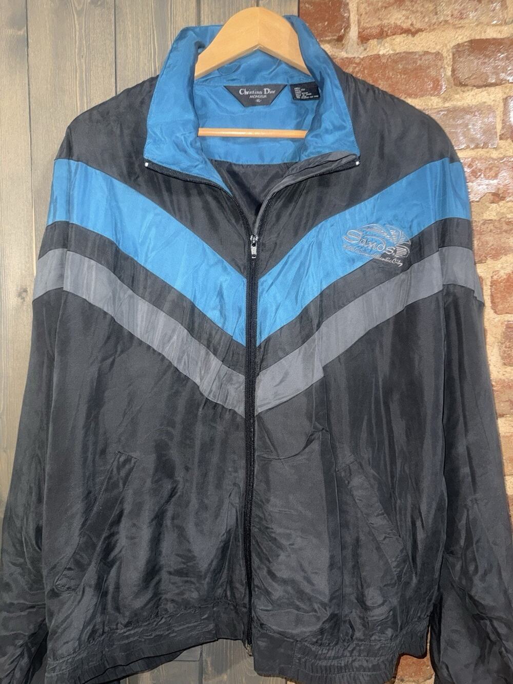 RARE VTG Christian Dior Monsieur BOMBER Mens XL 100% Silk Zip Jacket Black Teal